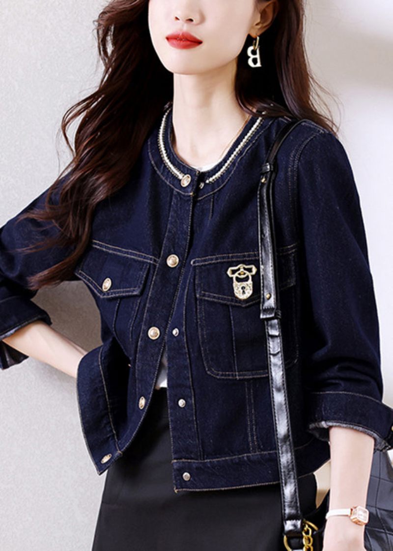 Nyhet Mörkblå Patchwork Button Denimrockar Höst - Vinterkappor för kvinnor