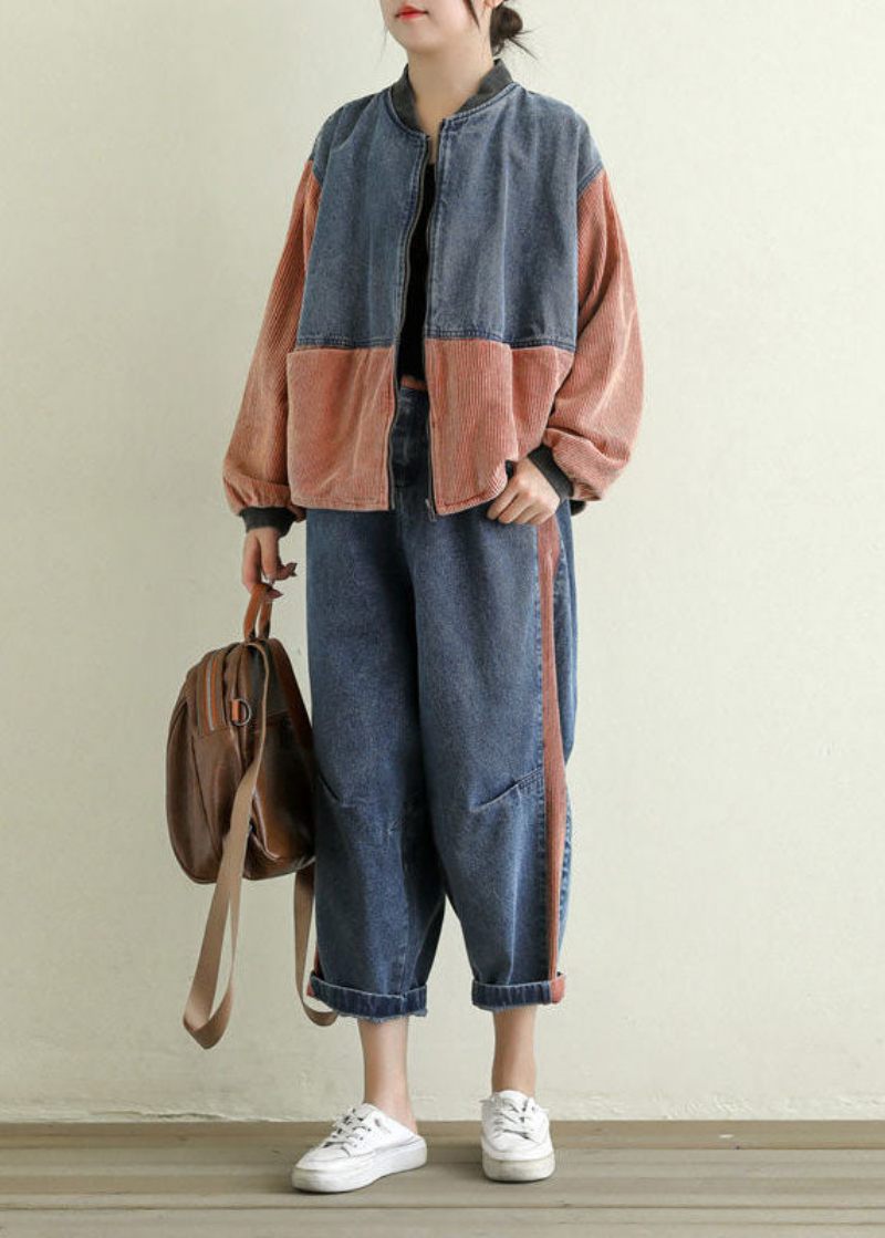 Orange Fickor Patchwork Manchester Denim Jacka Zip Up Spring - Vinterkappor för kvinnor