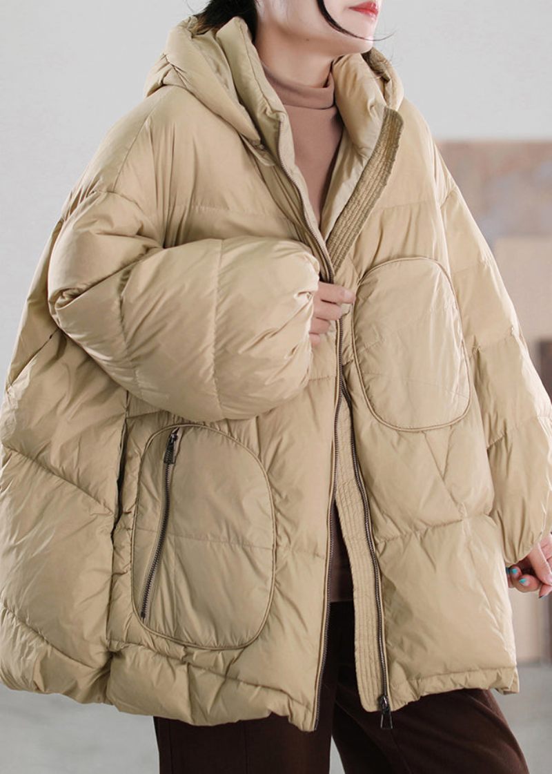 Organisk Khaki Stativ Krage Dragkedja Patchwork Hooded Duck Down Dunrock Vinter - Dunjackor för kvinnor