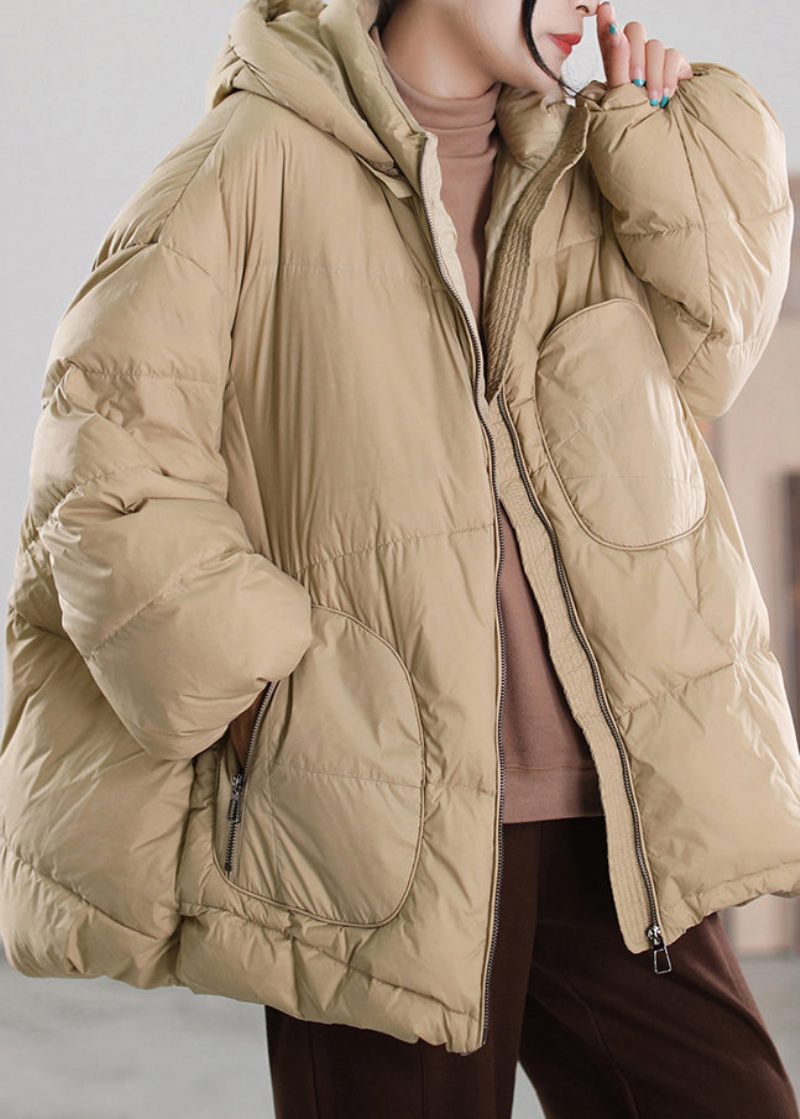 Organisk Khaki Stativ Krage Dragkedja Patchwork Hooded Duck Down Dunrock Vinter - Dunjackor för kvinnor