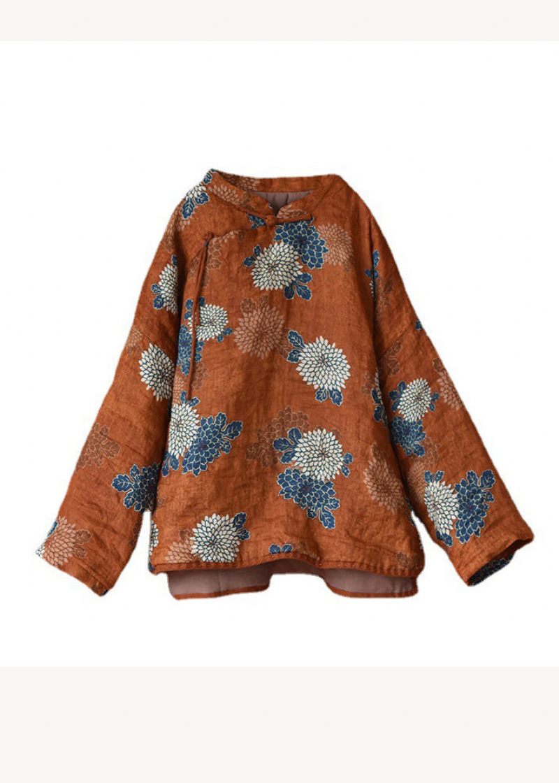 Original Orange Print Stand Collar Patchwork Fina Bomullsfyllda Kappor Vinter - Dunjackor för kvinnor