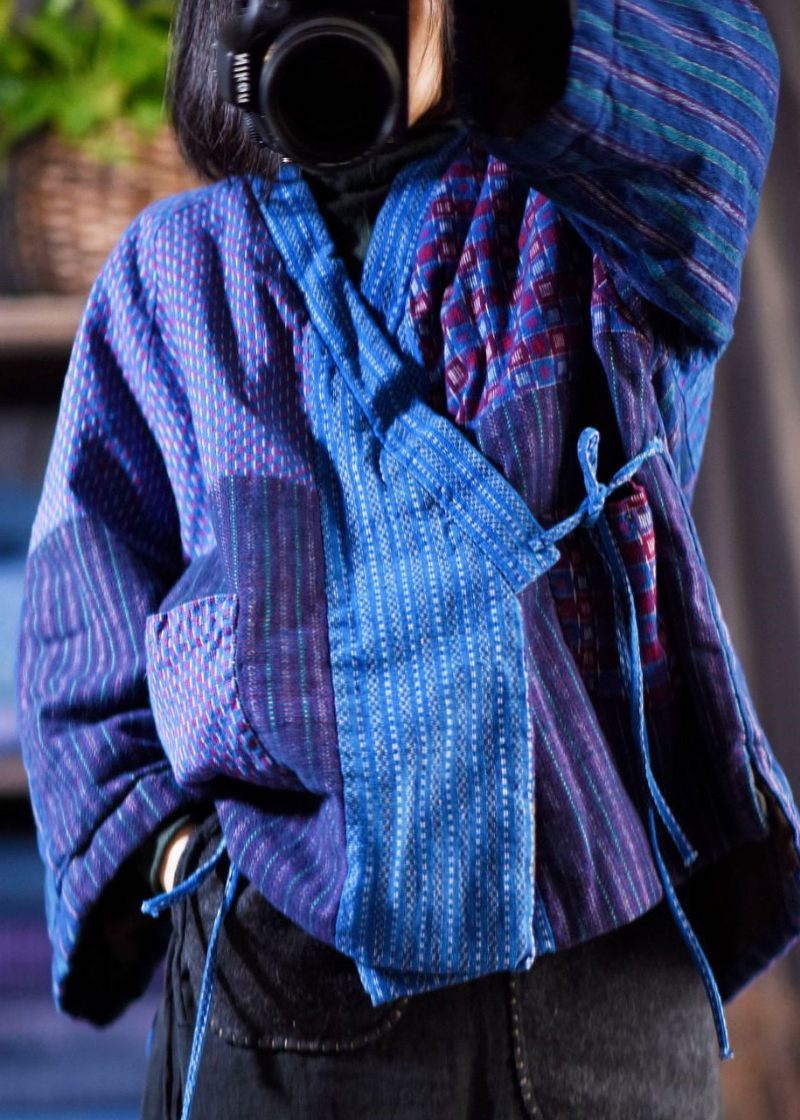 Originaldesign Blå V-hals Snörning Patchwork Fin Bomullsfylld Kappa Vinter