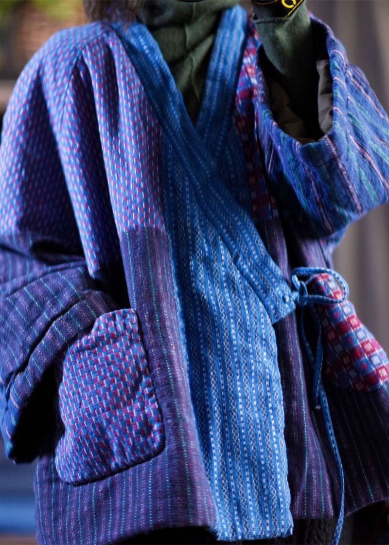 Originaldesign Blå V-hals Snörning Patchwork Fin Bomullsfylld Kappa Vinter - Dunjackor för kvinnor