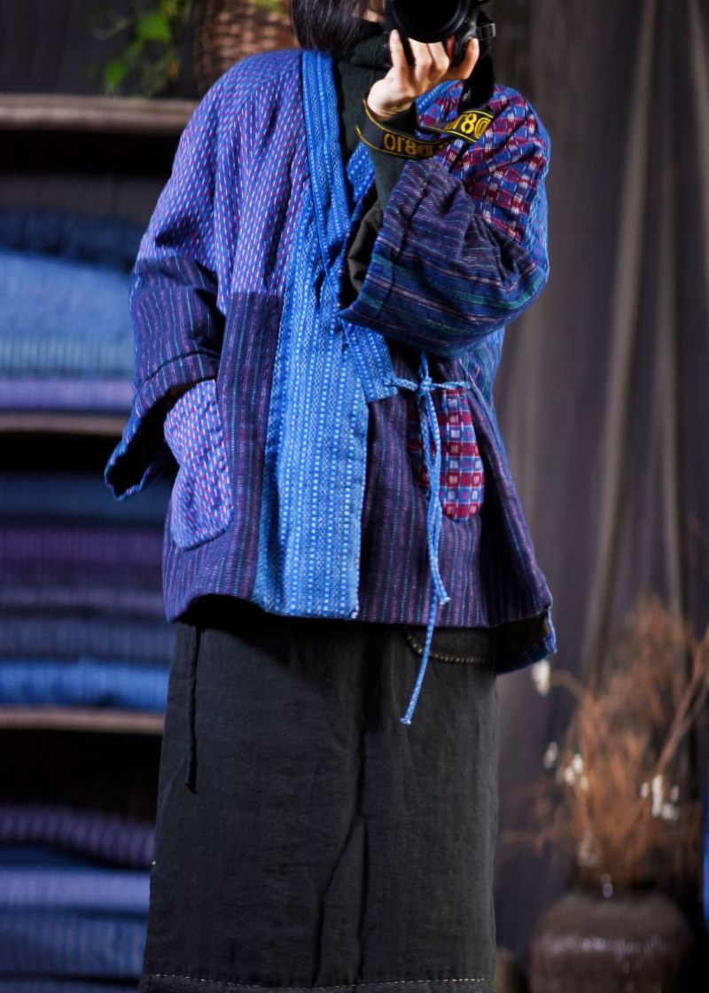 Originaldesign Blå V-hals Snörning Patchwork Fin Bomullsfylld Kappa Vinter - Dunjackor för kvinnor