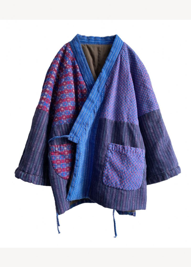 Originaldesign Blå V-hals Snörning Patchwork Fin Bomullsfylld Kappa Vinter - Dunjackor för kvinnor