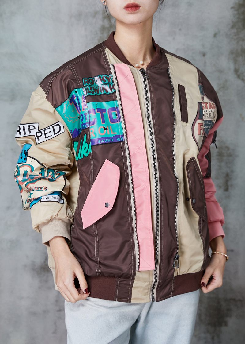 Originaldesign Colorblock Zip Up Patchwork Fina Bomullsfyllda Kappor Vår - Vinterkappor för kvinnor