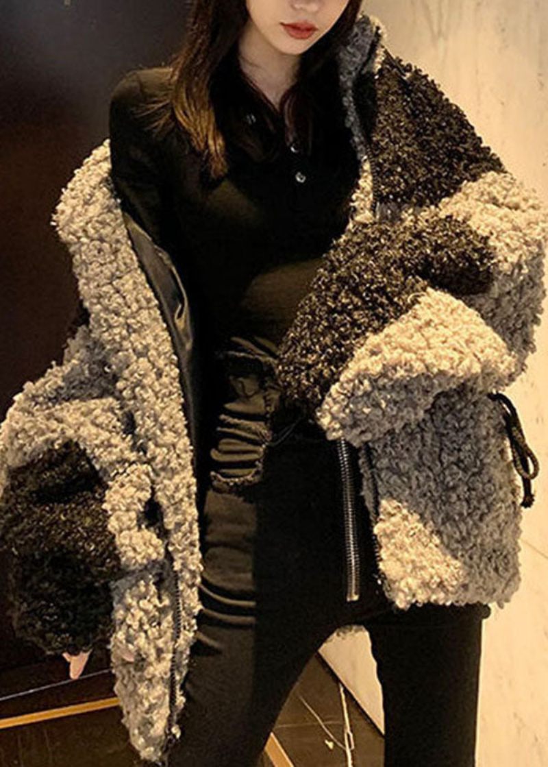 Oversized Grå Stativ Krage Fickor Patchwork Fuskpälsrockar Vinter - Vinterkappor för kvinnor