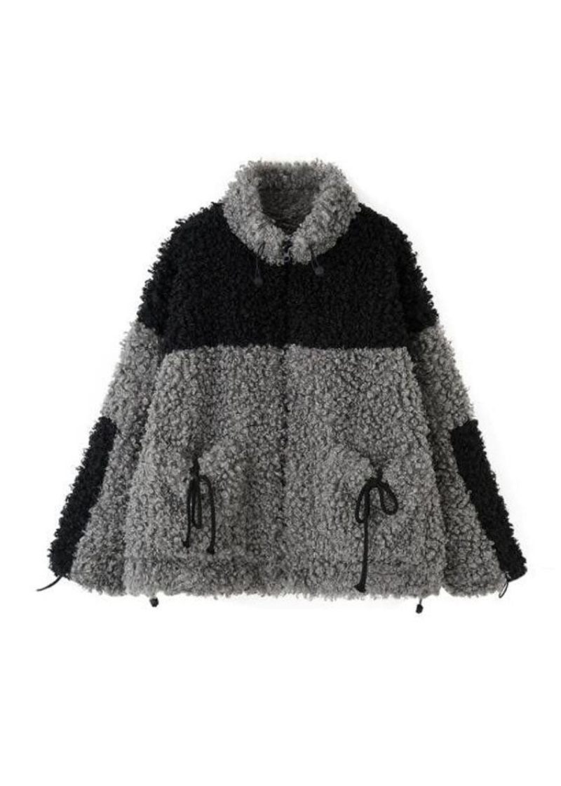 Oversized Grå Stativ Krage Fickor Patchwork Fuskpälsrockar Vinter - Vinterkappor för kvinnor
