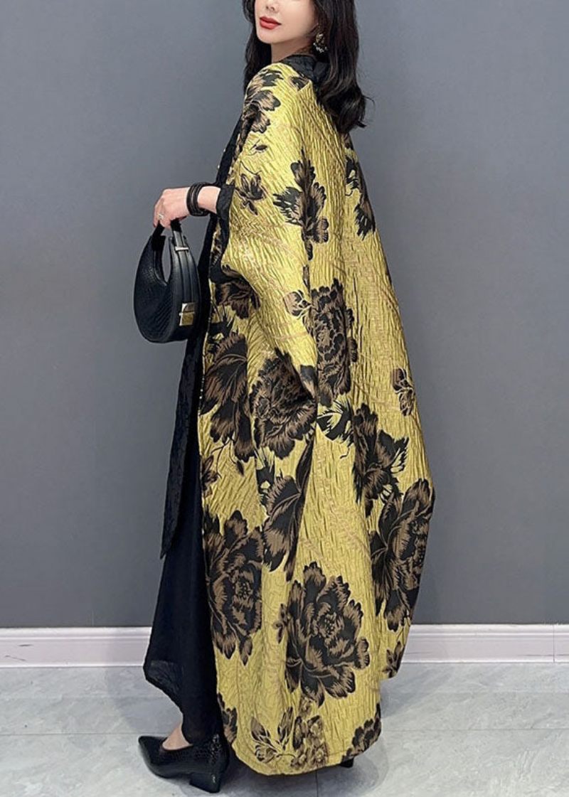 Oversized Gult Blommönster Patchwork Bomullskofta Batwing Sleeve - Koftor för kvinnor
