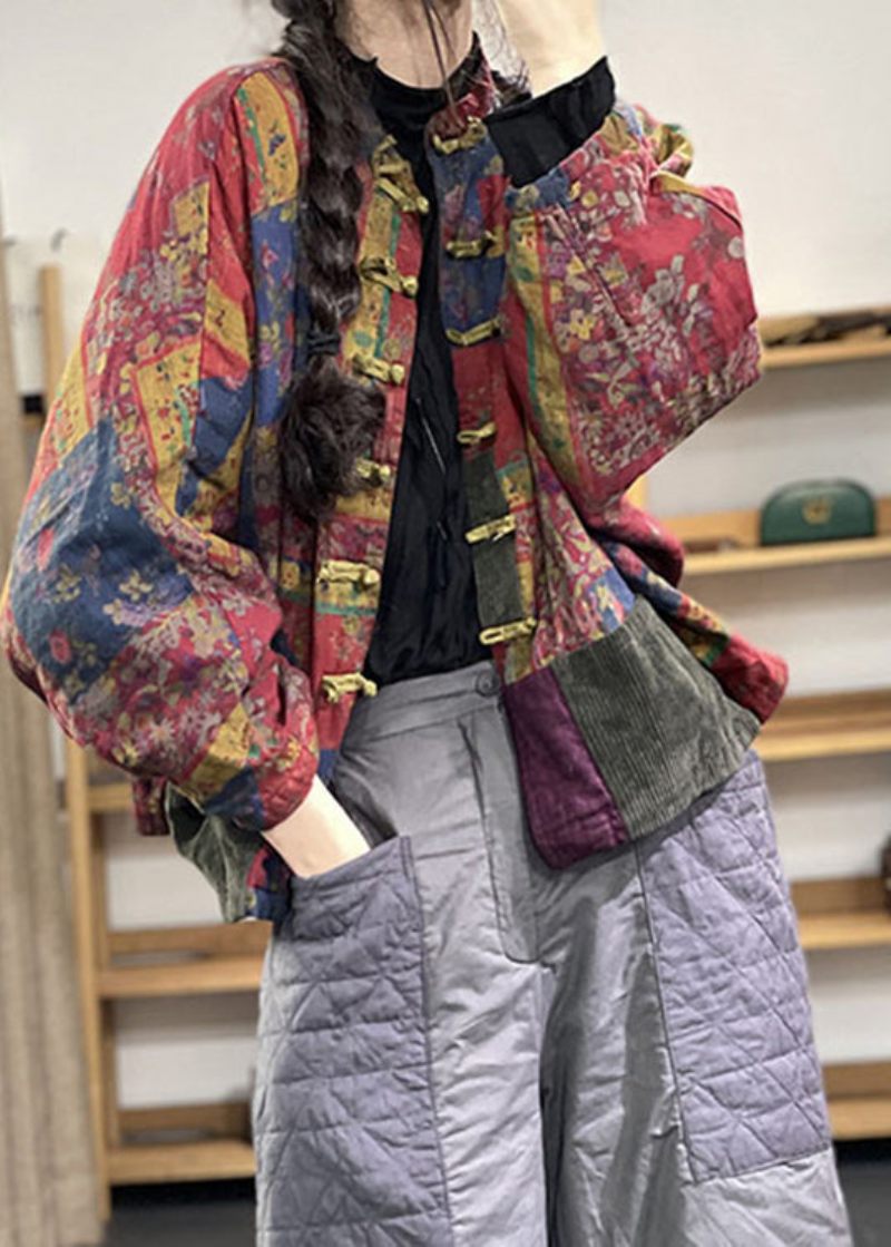Pläd Röd Stativ Krage Print Button Linne Coat Långärmad - Pläd Röd