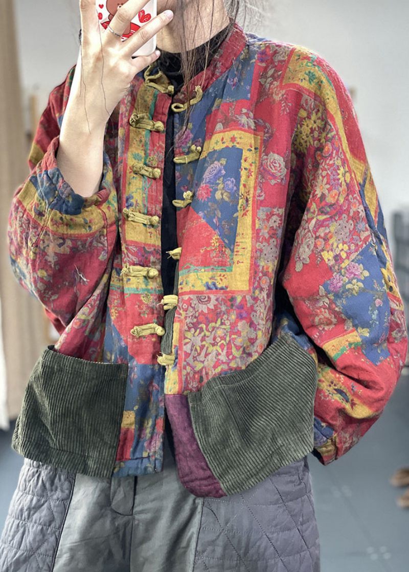 Pläd Röd Stativ Krage Print Button Linne Coat Långärmad - Pläd Röd