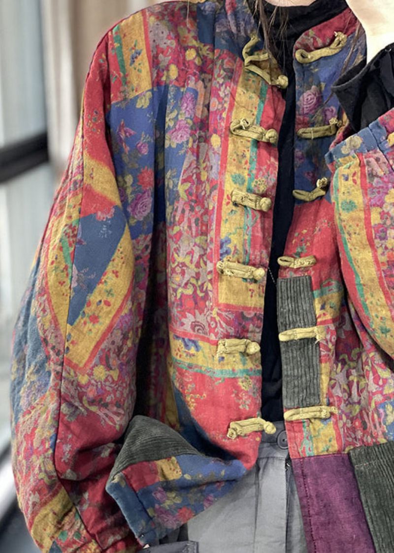 Pläd Röd Stativ Krage Print Button Linne Coat Långärmad - Pläd Röd