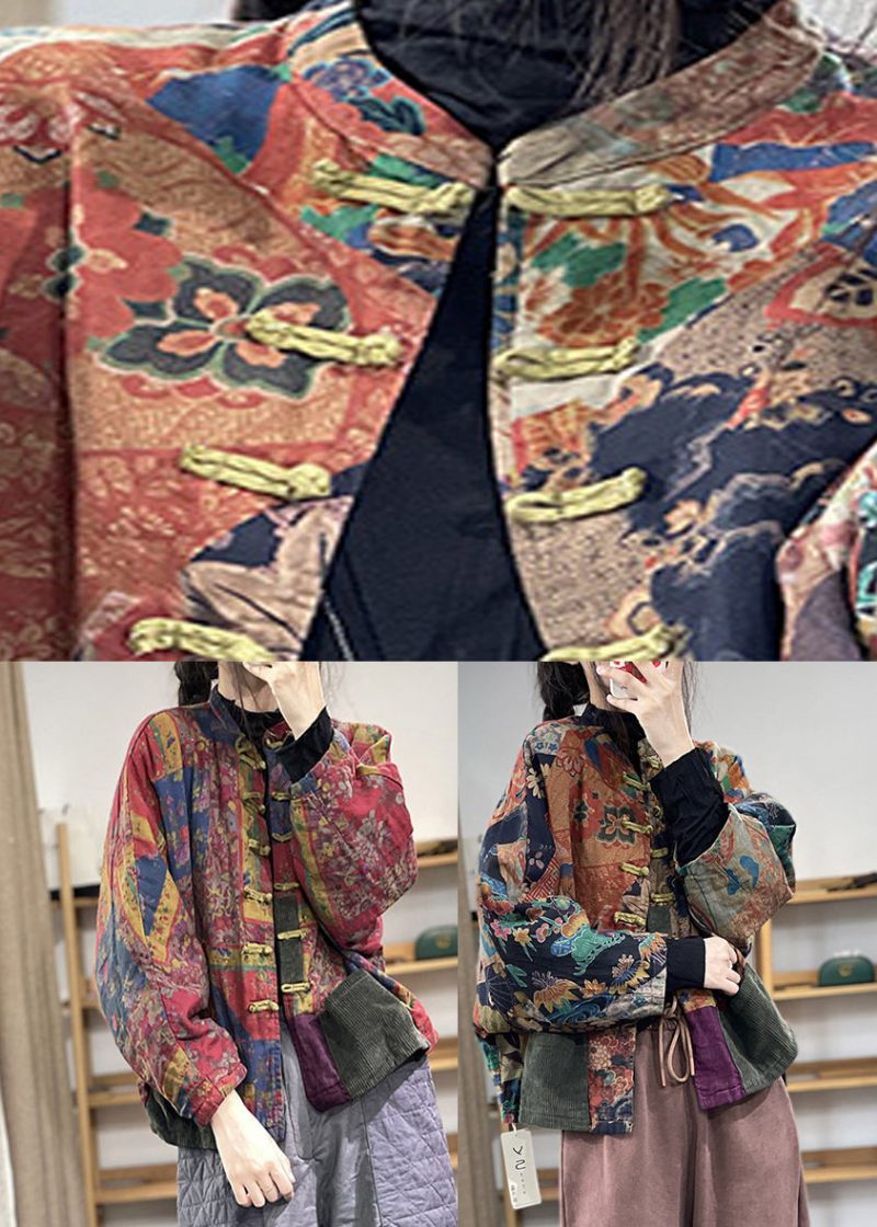 Pläd Röd Stativ Krage Print Button Linne Coat Långärmad - Pläd Röd