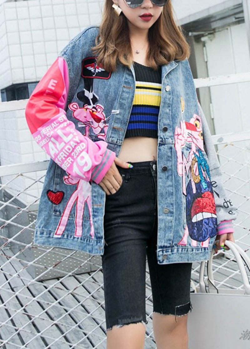 Plus Size Blå Peter Pan Krage Rosa Leopardtryck Patchwork Paljetter Knapp Jeansrock Långärmad - Vinterkappor för kvinnor