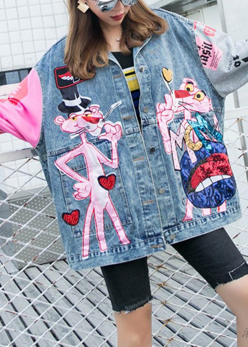 Plus Size Blå Peter Pan Krage Rosa Leopardtryck Patchwork Paljetter Knapp Jeansrock Långärmad - Vinterkappor för kvinnor