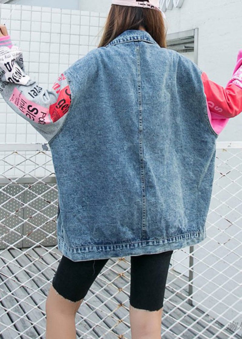 Plus Size Blå Peter Pan Krage Rosa Leopardtryck Patchwork Paljetter Knapp Jeansrock Långärmad - Vinterkappor för kvinnor