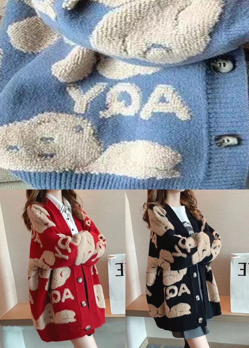 Plus Size Blå V-ringad Jacquardstickade Koftor Vinter - Koftor för kvinnor
