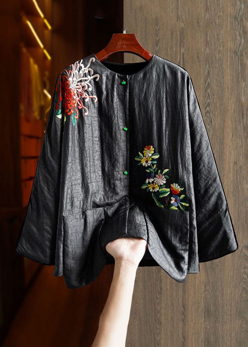 Plus Size Black Printing Blommig Knapp Silk Velour Parka Winter