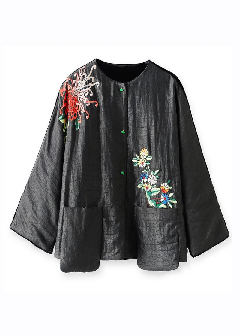 Plus Size Black Printing Blommig Knapp Silk Velour Parka Winter - Dunjackor för kvinnor