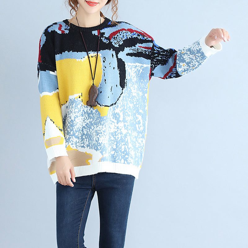 Plus Size Blått Tryck Ylle Stickade Toppar Casual O Neck Varm Tröja