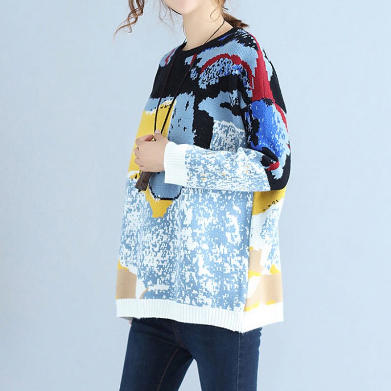 Plus Size Blått Tryck Ylle Stickade Toppar Casual O Neck Varm Tröja - Ullrockar för kvinnor