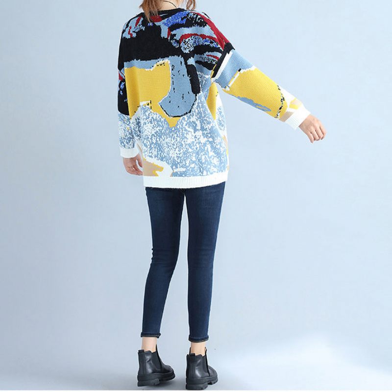 Plus Size Blått Tryck Ylle Stickade Toppar Casual O Neck Varm Tröja - Ullrockar för kvinnor