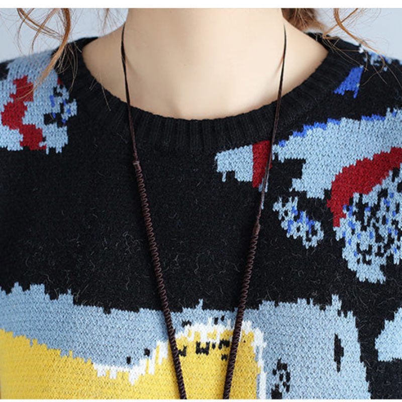 Plus Size Blått Tryck Ylle Stickade Toppar Casual O Neck Varm Tröja - Ullrockar för kvinnor