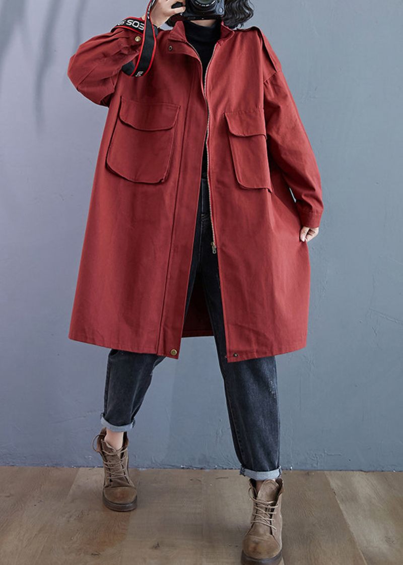 Plus Size Brick Red Zip Up Fickor Patchwork Bomull Trenchcoats Höst