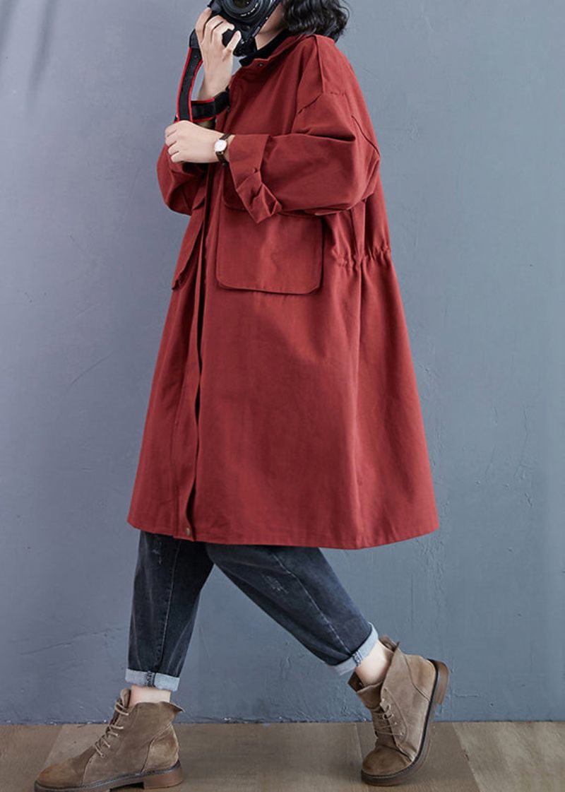 Plus Size Brick Red Zip Up Fickor Patchwork Bomull Trenchcoats Höst - Trenchcoats för kvinnor