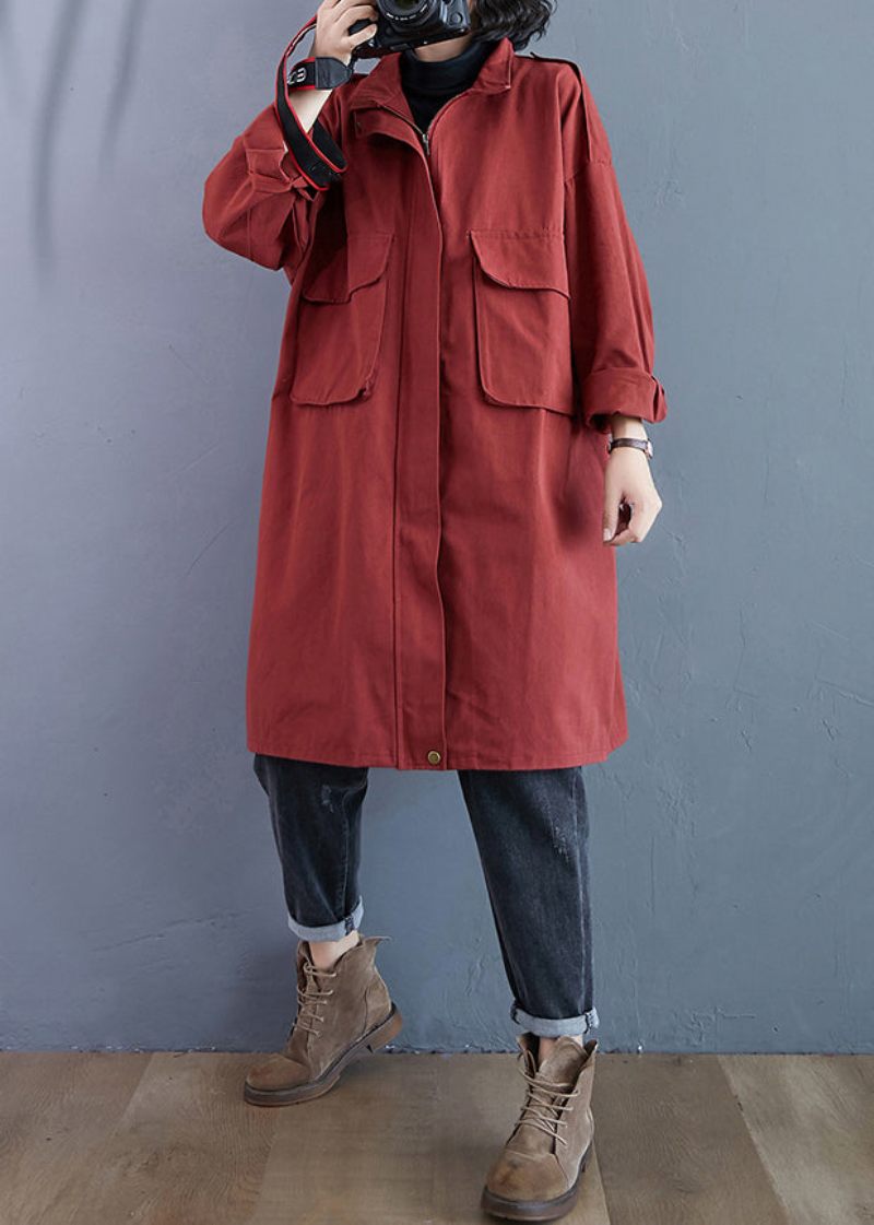 Plus Size Brick Red Zip Up Fickor Patchwork Bomull Trenchcoats Höst - Trenchcoats för kvinnor