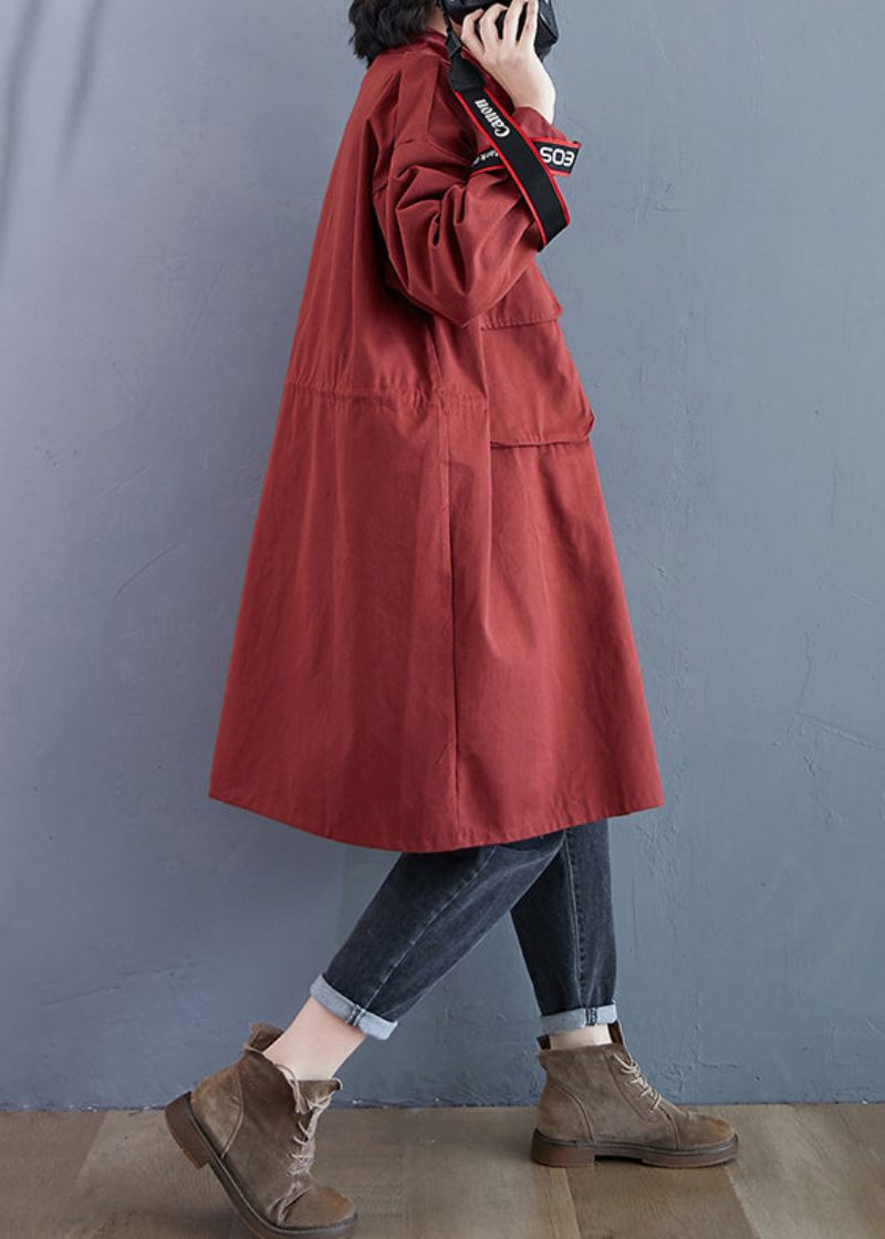 Plus Size Brick Red Zip Up Fickor Patchwork Bomull Trenchcoats Höst - Trenchcoats för kvinnor
