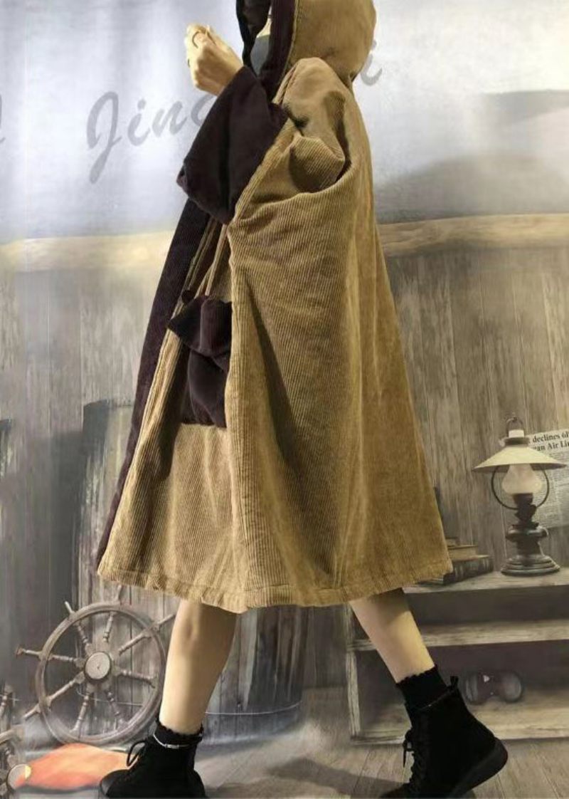 Plus Size Camel Huvfickor Patchwork Manchester Varm Fleecerock Vinter - Dunjackor för kvinnor