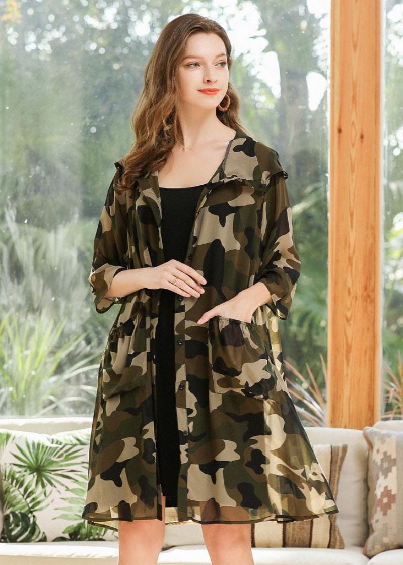 Plus Size Camouflage Hood Print Chiffong Cardigan Summer - Koftor för kvinnor