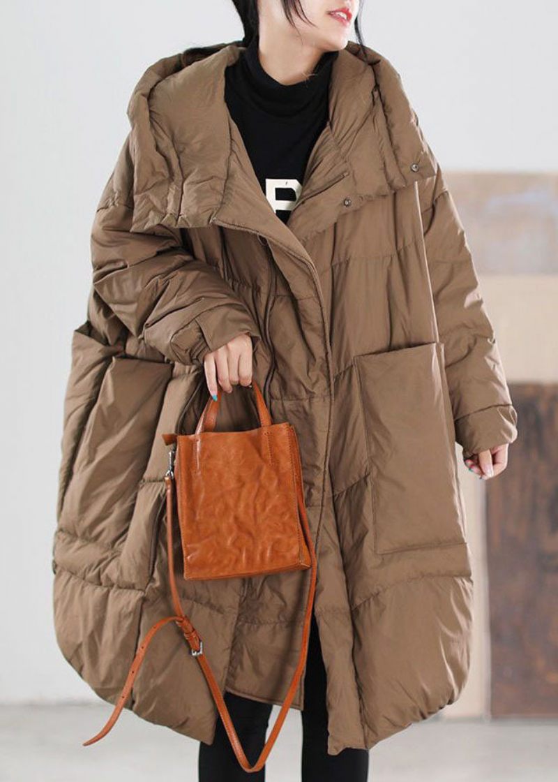 Plus Size Choklad Hooded Stora Fickor Duck Down Dunrockar Vinter - Dunjackor för kvinnor