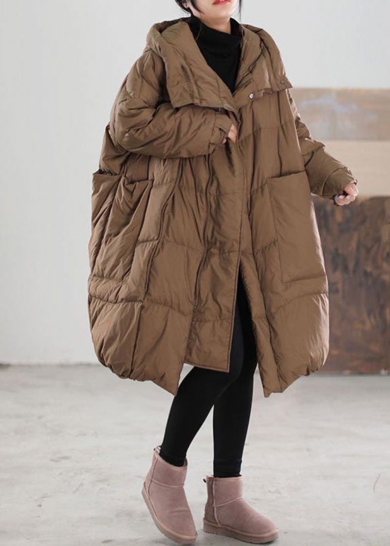 Plus Size Choklad Hooded Stora Fickor Duck Down Dunrockar Vinter - Dunjackor för kvinnor