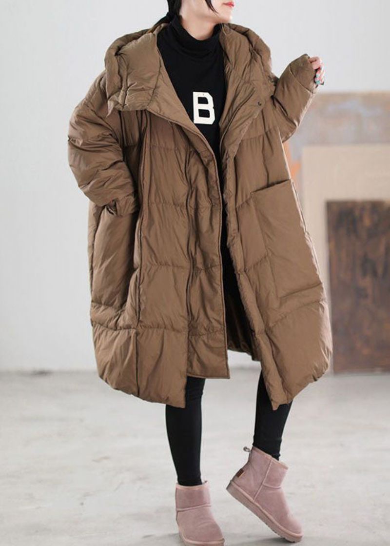 Plus Size Choklad Hooded Stora Fickor Duck Down Dunrockar Vinter - Dunjackor för kvinnor