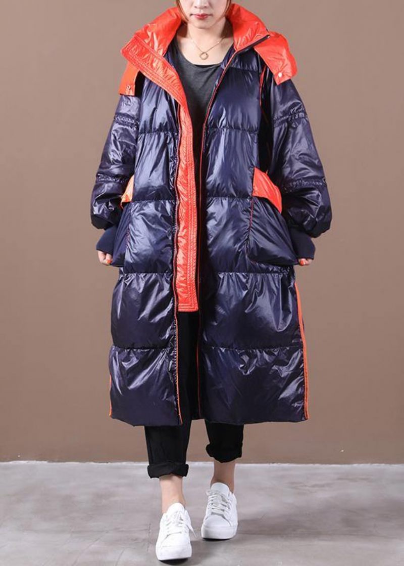 Plus Size Dam Parkas Överrock Mörkblå Luva Patchwork Gås Dunrock - Dunjackor för kvinnor