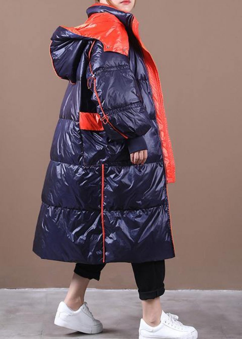Plus Size Dam Parkas Överrock Mörkblå Luva Patchwork Gås Dunrock - Dunjackor för kvinnor