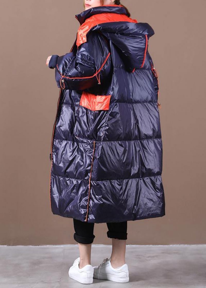 Plus Size Dam Parkas Överrock Mörkblå Luva Patchwork Gås Dunrock - Dunjackor för kvinnor