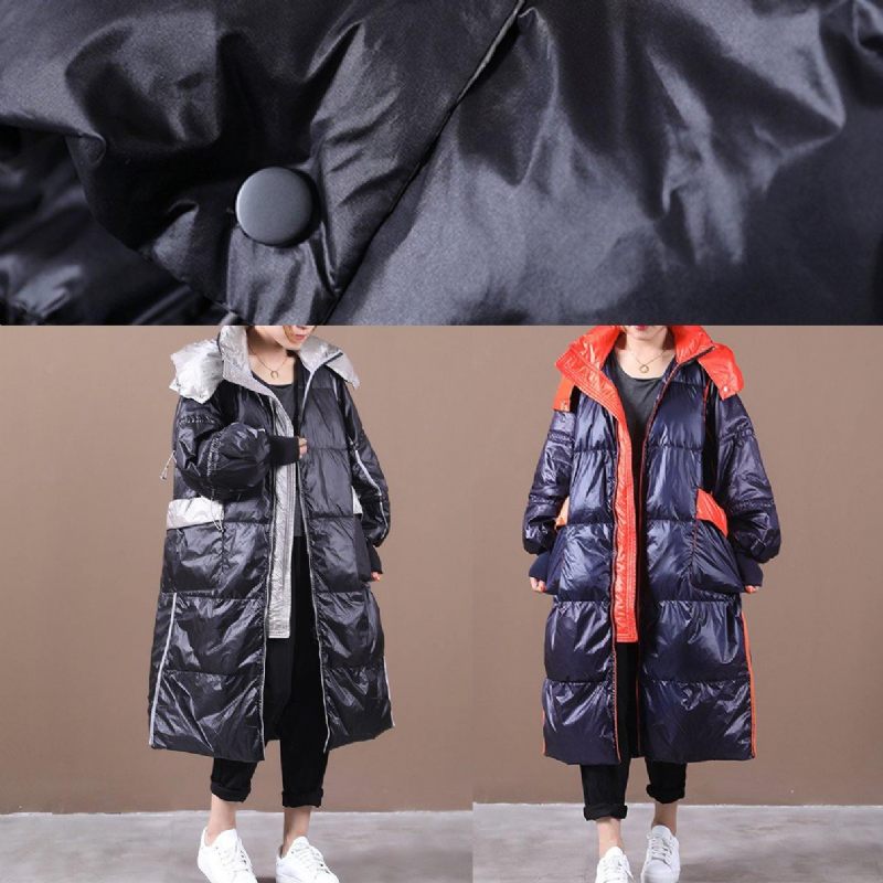Plus Size Dam Parkas Överrock Mörkblå Luva Patchwork Gås Dunrock - Dunjackor för kvinnor