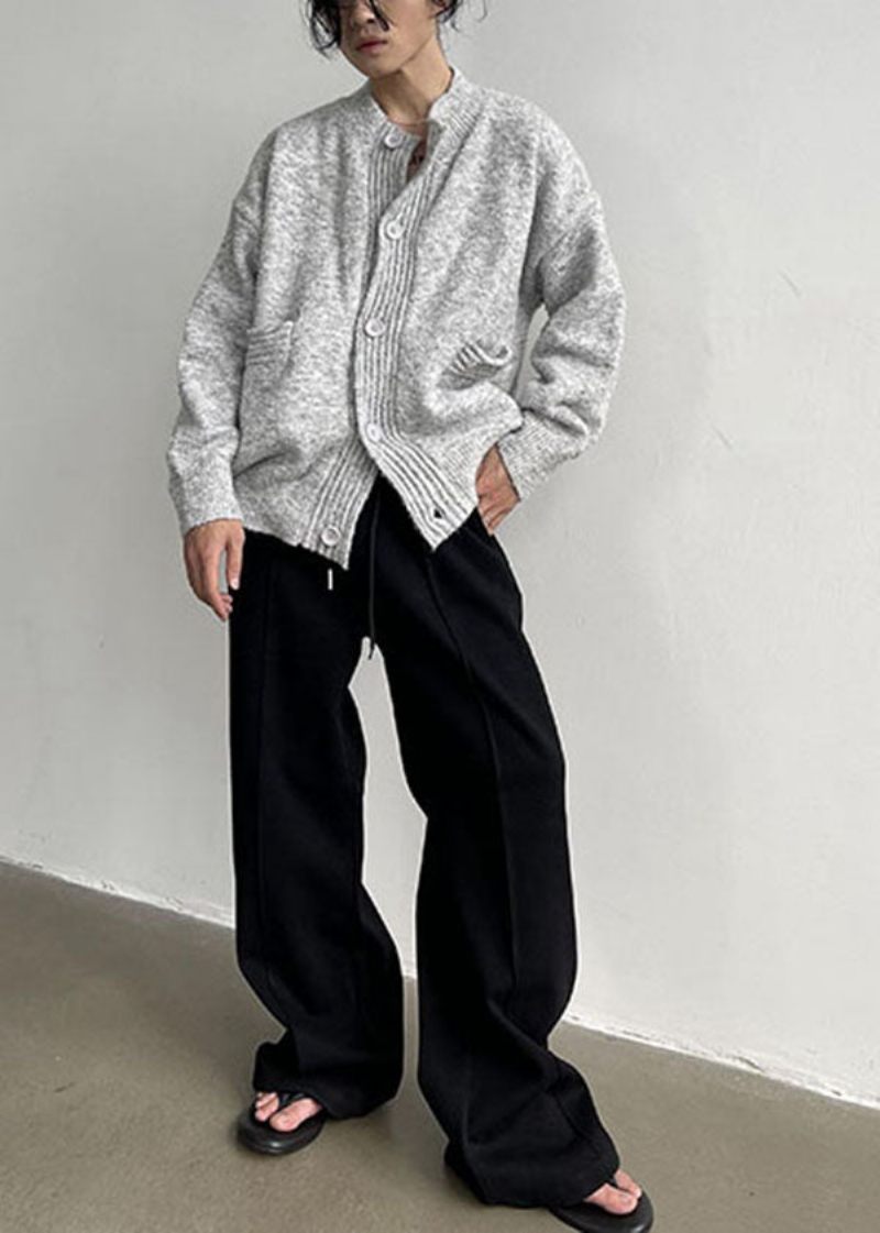 Plus Size Grå Stativkrage Oversized Mysig Ull Man's Cardigans Vinter - Koftor för kvinnor