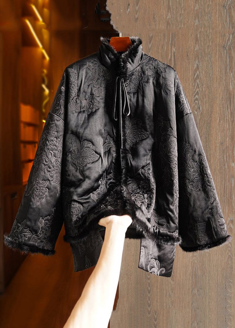 Plus Size Green Lace Up Mink Hair Patchwork Silk Parka Winter - Dunjackor för kvinnor