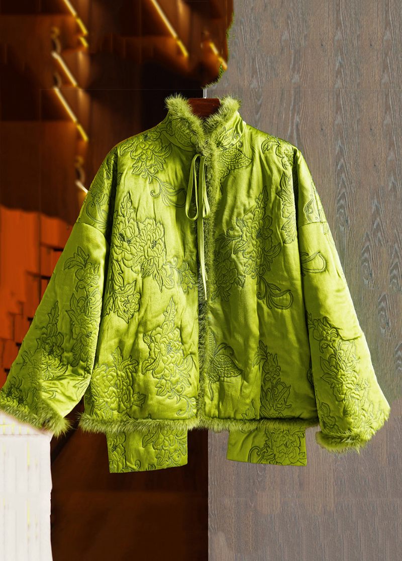 Plus Size Green Lace Up Mink Hair Patchwork Silk Parka Winter - Dunjackor för kvinnor