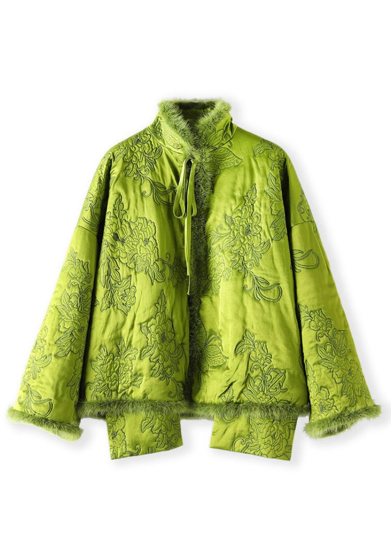 Plus Size Green Lace Up Mink Hair Patchwork Silk Parka Winter - Dunjackor för kvinnor