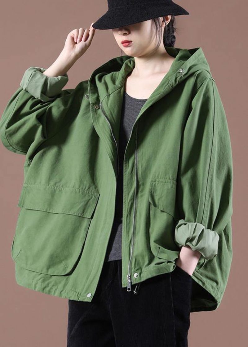 Plus Size Green Pockets Hoodie Coat Spring - Grön