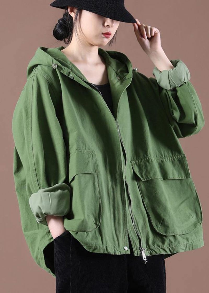 Plus Size Green Pockets Hoodie Coat Spring - Grön