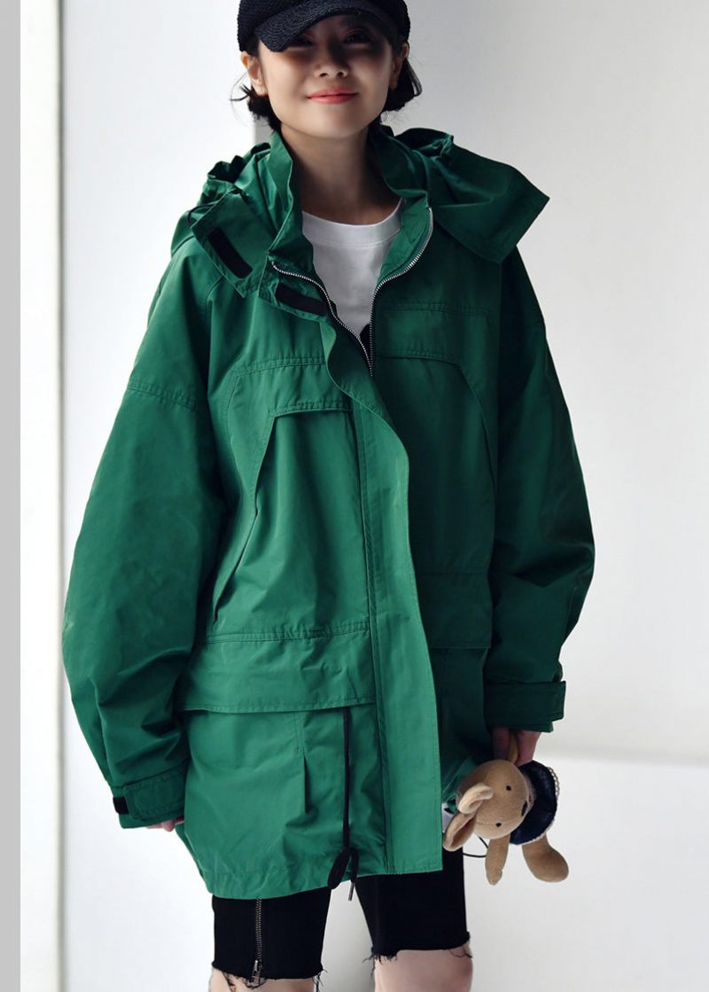 Plus Size Grön Dragkedja Patchwork Hoodjackor Med Dragsko Höst
