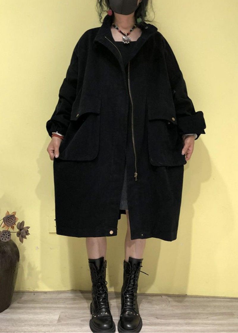 Plus Size Grön Stativ Krage Fickor Med Dragkedja Trenchcoats Höst - Grön