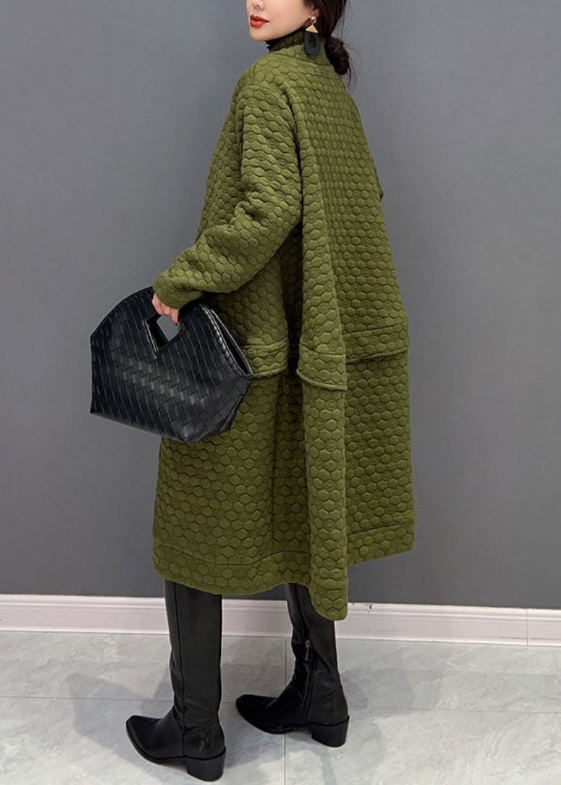 Plus Size Grön V-ringad Bomullsfylld Extra Stor Fåll Trenchcoat Vinter - Dunjackor för kvinnor