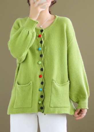 Plus Size Gröna Knappfickor Stickad Kappa Långärmad